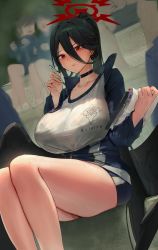 Rule 34 | 1girl, absurdres, black bra, black choker, black hair, black jacket, black wings, blue archive, blue jacket, blue shorts, blush, bra, breasts, chochomi, choker, cleavage, clipboard, gym uniform, hair between eyes, halo, hasumi (blue archive), hasumi (track) (blue archive), highres, holding, holding clipboard, holding pen, huge breasts, jacket, long hair, long sleeves, looking at viewer, low wings, mole, mole under eye, official alternate costume, paid reward available, parted lips, partially unzipped, pen, ponytail, red eyes, see-through, shiny skin, shirt, short shorts, shorts, sitting, solo, sweat, thighs, underwear, very long hair, white shirt, wings