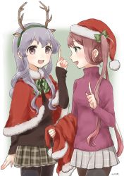 Rule 34 | 10s, 2girls, :d, animal ears, antlers, artist name, asagumo (kancolle), bad id, bad pixiv id, blush, bow, bowtie, brown hair, cowboy shot, deer ears, grey eyes, grey hair, hair bow, hair rings, hat, highres, horns, kantai collection, long hair, long sleeves, multiple girls, nuno (pppompon), open mouth, pantyhose, plaid, plaid skirt, pleated skirt, pointing, reindeer antlers, santa costume, santa hat, shawl, simple background, skirt, smile, sweater, turtleneck, turtleneck sweater, twintails, yamagumo (kancolle)