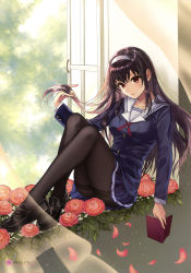 Rule 34 | 1girl, absurdres, black footwear, black jacket, black pantyhose, black skirt, blazer, blurry, blurry background, blush, book, breasts, buttons, closed mouth, curtains, day, flower, hairband, hand in own hair, highres, holding, holding book, jacket, kasumigaoka utaha, knees up, light smile, lips, loafers, long hair, long sleeves, medium breasts, miniskirt, misaki kurehito, aged up, open book, open window, page number, pantyhose, petals, pleated skirt, red eyes, saenai heroine no sodatekata, scan, school uniform, shoes, sitting, skirt, solo, thighband pantyhose, very long hair, white hairband, wind, window, windowsill