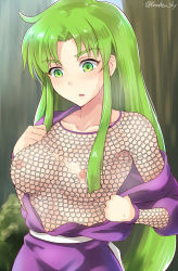 Rule 34 | 1girl, armor, bad id, bad pixiv id, blush, breasts, chainmail, cleavage, collarbone, dress, female focus, ganbare goemon, green eyes, green hair, kanden sky, large breasts, long hair, matching hair/eyes, nipples, open clothes, open dress, purple dress, see-through, solo, very long hair, yae (ganbare goemon)