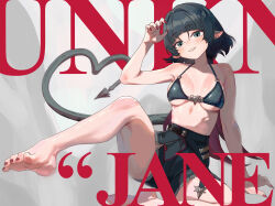 1girl absurdres aowow barefoot black_bra black_hair blunt_bangs bra breasts character_name feet foot_focus green_eyes grin highres jane_doe_(zenless_zone_zero) leg_up long_tail looking_at_viewer medium_breasts medium_hair midriff mouse_girl on_floor short_shorts shorts sitting smile solo tail underboob underwear zenless_zone_zero