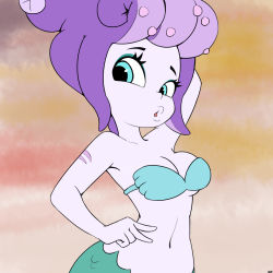 Rule 34 | 1girl, arm behind head, arm up, bare arms, blue eyes, breasts, cala maria (cuphead), cleavage, colored skin, cuphead (game), giant, giantess, highres, kanaria92, lips, looking at viewer, makeup, mascara, medium breasts, mermaid, monster girl, navel, parted lips, purple hair, shell, shell bikini, sky, solo, stomach, tentacle hair, v, white skin