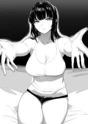 Rule 34 | 1girl, absurdres, breasts, cleavage, commentary, english text, greyscale, heart, highres, incoming hug, looking at viewer, lynus, medium breasts, meme, monochrome, my little pogchamp (meme), naoko (lynus), original, outstretched arms, panties, reaching, reaching towards viewer, sitting, solo, spoken heart, tank top, textless version, underwear