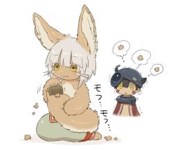 Rule 34 | 1boy, 1other, animal ears, bad id, bad twitter id, blush, brown hair, closed mouth, comb, furry, helmet, kawasemi27, looking at another, made in abyss, nanachi (made in abyss), parted lips, regu (made in abyss), short hair, smile, tail, thought bubble, whiskers, white hair, yellow eyes