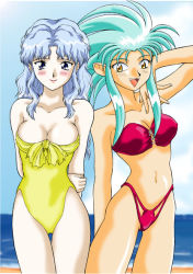 Rule 34 | 1990s (style), 2girls, aic, arms behind back, beach, bikini, blue eyes, blue hair, blush, breasts, cleavage, company connection, crossover, day, el hazard, green hair, highleg, highleg swimsuit, ifurita, large breasts, long hair, multiple girls, navel, outdoors, purple eyes, ryouko (tenchi muyou!), smile, spiked hair, standing, swimsuit, tenchi muyou!, water, yellow eyes