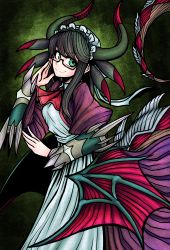 Rule 34 | 1girl, absurdres, adjusting eyewear, apron, black hair, breasts, commission, cowboy shot, dragon girl, dragon horns, dragon tail, dragon wings, dragonmaid (yu-gi-oh!), dress, duel monster, gauntlets, glasses, green background, green eyes, highres, horns, house dragonmaid, looking at viewer, low wings, maid, maid apron, maid headdress, medium breasts, medium hair, nazo no diaboro, smile, solo, tail, wings, yu-gi-oh!