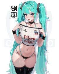 alternate_costume aqua_eyebrows aqua_eyes aqua_hair aqua_nails black_thighhighs chile choker colo_colo crop_top hatsune_miku highres khaonpng long_hair midriff navel skindentation soccer_uniform spiked_choker spikes sportswear swept_bangs thighhighs twintails very_long_hair vocaloid wrist_cuffs