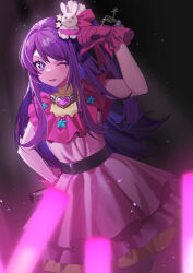 Rule 34 | 1girl, belt, black belt, blurry, blush, brooch, closed mouth, commentary, depth of field, dress, frilled dress, frilled gloves, frills, gloves, glowstick, hair between eyes, hair ornament, hair ribbon, hand on own hip, hand up, heart, heart brooch, highres, hoshino ai (oshi no ko), idol, idol clothes, jewelry, light particles, long hair, looking at viewer, one eye closed, oshi no ko, pink dress, pink gloves, pink ribbon, puke.face, purple eyes, purple hair, rabbit hair ornament, ribbon, sidelocks, smile, solo, stage lights, star-shaped pupils, star (symbol), star hair ornament, symbol-shaped pupils, tongue, tongue out, turtleneck, turtleneck dress, v