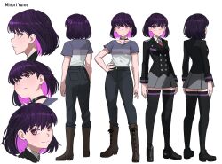 Rule 34 | 1girl, boots, character name, character sheet, choker, commentary, english commentary, full body, hand on own hip, highres, jourd4n, knee boots, long sleeves, looking at viewer, miniskirt, necktie, original, pants, purple eyes, purple hair, shirt, short hair, short sleeves, simple background, skirt, smile, solo, standing, t-shirt, thighhighs, uniform, white background, zettai ryouiki