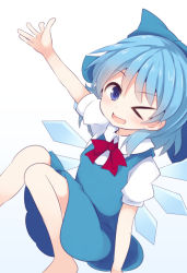 Rule 34 | &gt; o, 1girl, bad id, bad pixiv id, beni shake, blue eyes, blue hair, bow, cirno, hair bow, ice, ice wings, matching hair/eyes, one eye closed, outstretched hand, solo, touhou, wings