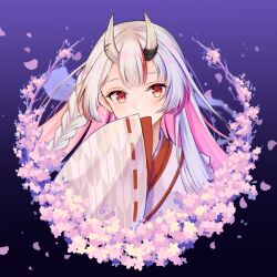 Rule 34 | 1girl, absurdres, blush, braid, center-flap bangs, cherry blossoms, colored inner hair, commentary request, cropped torso, eyelashes, falling petals, highres, hololive, horns, japanese clothes, kimono, looking at viewer, multicolored hair, nakiri ayame, oni, petals, pink hair, purple background, red eyes, red ribbon, rgrey00, ribbon, ribbon-trimmed sleeves, ribbon trim, sidelocks, simple background, single braid, skin-covered horns, sleeves past fingers, sleeves past wrists, solo, upper body, virtual youtuber, white hair, white kimono
