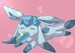 Rule 34 | animal focus, blue hair, closed eyes, creatures (company), food, game freak, gen 4 pokemon, glaceon, lying, mouth hold, nekomimi360, nintendo, no humans, pink background, pokemon, pokemon (creature), popsicle, simple background, solo, sweat