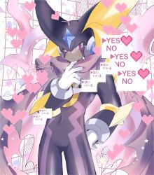 Rule 34 | 1boy, baron-0628, bass.exe (mega man), black bodysuit, black helmet, blush, bodysuit, brown cloak, cloak, commentary request, covered navel, cowboy shot, dated, dialogue box, facial mark, fins, forehead jewel, head fins, heart, highres, looking at viewer, mega man (series), mega man battle network (series), red eyes, signature, solo, translation request, white background