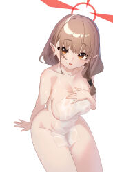 Rule 34 | 1girl, absurdres, blue archive, blush, breasts, brown eyes, chinatsu (blue archive), chinatsu (hot spring) (blue archive), cleavage, cowboy shot, halo, highres, large breasts, light brown hair, long hair, naked towel, open mouth, pointy ears, red halo, simple background, smile, solo, towel, u-st (uweiter), white background