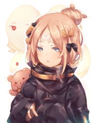 Rule 34 | 1girl, abigail williams (fate), abigail williams (traveling outfit) (fate), allze, artist name, black bow, black jacket, blonde hair, blue eyes, bow, commentary request, crossed bandaids, fate/grand order, fate (series), hair bow, hair bun, heroic spirit traveling outfit, highres, jacket, long sleeves, looking at viewer, medjed (fate), hugging object, official alternate costume, orange bow, parted bangs, parted lips, polka dot, polka dot bow, single hair bun, sleeves past fingers, sleeves past wrists, solo focus, stuffed animal, stuffed toy, teddy bear, upper body, white background