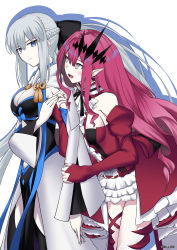 Rule 34 | 2girls, absurdres, baobhan sith (fate), baobhan sith (first ascension) (fate), bare shoulders, black bow, black dress, black footwear, blue eyes, boots, bow, braid, breasts, center frills, center opening, cleavage, detached collar, detached sleeves, dress, earrings, fate/grand order, fate (series), french braid, frills, grey eyes, grey hair, hair bow, highres, jewelry, large breasts, long hair, long sleeves, morgan le fay (fate), multiple girls, open mouth, pelvic curtain, pink hair, pointy ears, ponytail, red dress, shidou (x 2903), sidelocks, smile, thigh boots, thighhighs, thighs, tiara, two-tone dress, very long hair, white dress, wide sleeves