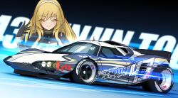 1girl arm_up black_gloves blonde_hair breasts car closed_eyes english_text gloves hairband highres kyono_kiara makino_momiji_(artist) motor_vehicle original race_queen race_vehicle racecar speed_lines spoiler_(automobile) sports_car thick_eyelashes vehicle_focus vehicle_request white_hairband