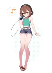 Rule 34 | 1girl, aile (mega man zx), bare legs, bare shoulders, blush stickers, bracelet, breasts, brown hair, closed mouth, commission, drink, female focus, frills, full body, green eyes, hair between eyes, headphones, heart, heart belt, highres, holding, holding drink, jewelry, kiomota, looking at viewer, mega man (series), mega man x (series), mega man x dive, mega man zx, midriff, musical note, navel, sandals, short hair, shorts, sleeveless, small breasts, smile, speech bubble