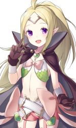 Rule 34 | 1girl, bad id, bad twitter id, blonde hair, bow, brown gloves, cape, circlet, cowboy shot, fire emblem, fire emblem awakening, fire emblem heroes, flat chest, gloves, long hair, midriff, navel, nintendo, nowi (fire emblem), open mouth, pink bow, pink shorts, pointy ears, ponytail, purple eyes, ringozaka mariko, short shorts, shorts, simple background, solo, v, white background
