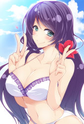 Rule 34 | 10s, 1girl, bikini, blush, breasts, cleavage, cloud, day, double v, flower, green eyes, hair flower, hair ornament, heart, large breasts, long hair, love live!, love live! school idol festival, love live! school idol project, low twintails, miyashiro sousuke, purple hair, sky, smile, solo, swimsuit, tojo nozomi, twintails, v, white bikini