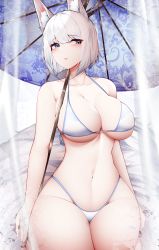 Rule 34 | 1girl, absurdres, animal ear fluff, animal ears, azur lane, bare arms, bare shoulders, bikini, blue eyes, blue umbrella, breasts, commentary, cowboy shot, fox ears, fox tail, groin, highres, kaga (azur lane), large breasts, large tail, looking at viewer, navel, oil-paper umbrella, pink lips, samip, short hair, solo, stomach, swimsuit, tail, thighs, umbrella, white bikini, white hair
