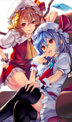Rule 34 | &gt;:), &gt;:d, 2girls, :d, ascot, bat wings, black legwear, blonde hair, blue hair, brooch, couch, crystal, fingernails, flandre scarlet, frilled shirt collar, frilled skirt, frills, grin, hair between eyes, hat, hat ribbon, jewelry, crossed legs, long fingernails, looking at viewer, looking away, mob cap, multiple girls, open mouth, puffy short sleeves, puffy sleeves, red eyes, red ribbon, remilia scarlet, ribbon, scottie (phantom2), sharp fingernails, short sleeves, siblings, side ponytail, sidelocks, sisters, sitting, skirt, skirt set, smile, thighhighs, touhou, v-shaped eyebrows, wings, wrist cuffs