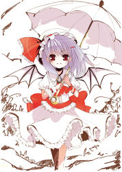 Rule 34 | 1girl, blouse, catbell, female focus, hat, mob cap, nature, outdoors, partially colored, plant, remilia scarlet, shirt, skirt, solo, standing, touhou, umbrella, white background, white shirt, wings