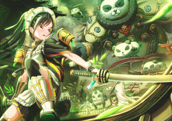 Rule 34 | 3girls, aiuabo, apron, architecture, axe, bamboo, black hair, black neckwear, blue hair, boots, commentary request, dress, ear piercing, east asian architecture, frilled shorts, frills, glaive (polearm), green nails, highres, holding, holding sword, holding weapon, long hair, looking back, maid, maid headdress, monster, multiple girls, nail polish, necktie, open mouth, original, outdoors, over-kneehighs, panda, piercing, pleated shorts, polearm, ponytail, sharp teeth, shorts, sidelocks, sword, tabi, tanabata, tanzaku, teeth, thighhighs, tire, v-shaped eyebrows, vambraces, weapon, white apron, white hair, wrist cuffs, yellow eyes