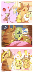 Rule 34 | &gt; &lt;, :3, :d, ^ ^, azuma minatsu, bandages, bandaged arm, bandages, bed, blush, blush stickers, closed eyes, commentary request, cosplay, creatures (company), eevee, espeon, espeon (cosplay), evolutionary line, closed eyes, father and son, game freak, gen 1 pokemon, gen 2 pokemon, gen 5 pokemon, halloween, halloween costume, lampent, needle, nintendo, no humans, open mouth, pichu, pikachu, pikachu (cosplay), pokemon, pokemon (creature), raichu, raichu (cosplay), sewing, sitting, sleeping, smile, speech bubble, staring, sweatdrop, under covers, zzz