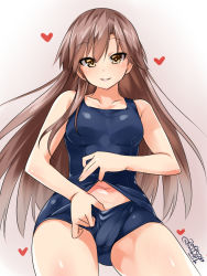 Rule 34 | 1girl, alternate costume, arashio (kancolle), blue one-piece swimsuit, blush, breasts, brown eyes, brown hair, clothes lift, collarbone, cowboy shot, dated, gluteal fold, gradient background, heart, highres, kantai collection, long hair, looking at viewer, navel, navel focus, old school swimsuit, one-hour drawing challenge, one-piece swimsuit, parted lips, pink background, school swimsuit, school swimsuit flap, small breasts, smile, solo, swimsuit, swimsuit lift, takase muh, twitter username, white background
