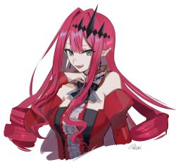 Rule 34 | 1girl, baobhan sith (fate), baobhan sith (first ascension) (fate), detached sleeves, dress, drill hair, earrings, fang, fate/grand order, fate (series), grey eyes, highres, hoshi rasuku, jewelry, long hair, pink hair, pointy ears, red dress, signature, white background