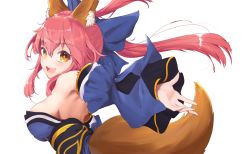 Rule 34 | 1girl, animal ear fluff, animal ears, bare shoulders, blue bow, blue kimono, blush, bow, breasts, detached collar, fate/extra, fate (series), fox ears, fox girl, fox tail, hair between eyes, hair bow, highres, japanese clothes, kimono, long hair, looking at viewer, open mouth, outstretched arm, pink hair, record42, revision, sidelocks, simple background, smile, tail, tamamo (fate), tamamo no mae (fate/extra), twintails, white background, wide sleeves, yellow eyes