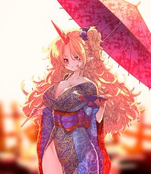Rule 34 | 1girl, blonde hair, blue kimono, breasts, cleavage, closed mouth, collarbone, cowboy shot, cup, highres, holding, holding cup, holding umbrella, horns, hoshiguma yuugi, hoshiguma yuugi (kimono), japanese clothes, kimono, large breasts, long hair, long sleeves, obi, oil-paper umbrella, pointy ears, red eyes, sakazuki, sash, single horn, smile, solo, sunnysideup, touhou, umbrella, wide sleeves