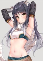 Rule 34 | 1girl, animal ear fluff, animal ears, armpits, arms up, belt, black hair, blush, breasts, closed mouth, commentary request, detached sleeves, fur scarf, grey background, groin, hair between eyes, long hair, looking at viewer, marisasu (marisa0904), medium breasts, navel, princess connect!, shiori (princess connect!), simple background, solo, stomach, strapless, tail, tiger ears, tiger tail, tube top, yellow eyes