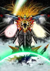 Rule 34 | blonde hair, comet, darkredgear, drill, earth (planet), genesic gaogaigar, hell and heaven, highres, lion, long hair, mecha, no humans, open mouth, planet, red eyes, robot, solo, space, star (sky), super robot, tail, wings, yuusha ou gaogaigar final, yuusha series