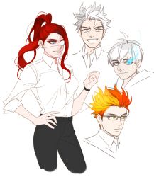 Rule 34 | 1girl, 3boys, bad id, bad pixiv id, blonde hair, eyepatch, fire, glasses, glowing, glowing eye, grillby, high-waist pants, humanization, lictter, long hair, multicolored hair, multiple boys, orange hair, pants, papyrus (undertale), personification, ponytail, red hair, sans (undertale), scarf, short hair, silver hair, two-tone hair, undertale, undyne