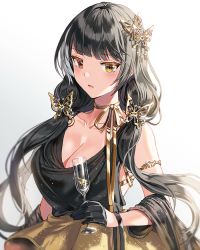 Rule 34 | 1girl, alcohol, armlet, black hair, breasts, butterfly hair ornament, champagne, champagne flute, choker, cleavage, cup, diamond (gemstone), dress, drinking glass, girls&#039; frontline, gloves, hair ornament, half gloves, heterochromia, large breasts, long hair, orange eyes, ro635 (girls&#039; frontline), silence girl, simple background, solo, twintails, white background, yellow eyes