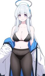 Rule 34 | 1girl, :d, black bra, black panties, black pantyhose, blue archive, blunt bangs, bra, breasts, cleavage, coat, collarbone, halo, headgear, highres, large breasts, long hair, long sleeves, looking at viewer, navel, noa (blue archive), open clothes, open coat, open mouth, panties, panties under pantyhose, pantyhose, purple eyes, reia 76, sidelocks, simple background, smile, solo, stomach, underwear, white background, white coat, white hair