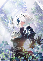 Rule 34 | 1girl, black blindfold, black hairband, blindfold, covered eyes, feather-trimmed sleeves, hairband, highres, juliet sleeves, katana, key visual, long sleeves, mole, mole under mouth, nier (series), nier:automata, official art, plant, promotional art, puffy sleeves, solo, sword, virtuous contract, weapon, white hair, wind, 2b (nier:automata)