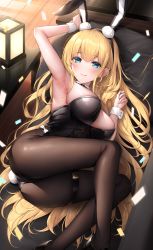 Rule 34 | 1girl, animal ears, arm up, armpits, azur lane, black hairband, black leotard, black pantyhose, blonde hair, blue eyes, breasts, commentary request, confetti, couch, fake animal ears, fake tail, feet out of frame, hair between eyes, hairband, hand up, highres, indoors, lamp, large breasts, leotard, long hair, looking at viewer, lying, north carolina (azur lane), north carolina (the heart&#039;s desire) (azur lane), official alternate costume, on couch, on side, oyuwari, pantyhose, playboy bunny, rabbit ears, rabbit tail, smile, solo, strapless, strapless leotard, tail, thigh strap, very long hair, wooden floor, wrist cuffs