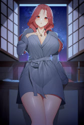Rule 34 | 1girl, absurdres, bathrobe, blush, breasts, cleavage, collarbone, hand on own chest, highres, huge breasts, indoors, jewelry, long hair, looking at viewer, migu (iws2525), moon, moonlight, necklace, night, night sky, original, red eyes, red hair, sky, solo, star (sky), starry sky, thighs, window