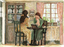 Rule 34 | 2girls, anne of green gables, anne shirley, black footwear, black hair, blue eyes, book, bow, brown hair, cabinet, chair, cup, curtains, diana barry, dress, green dress, hair bow, head rest, long hair, long sleeves, multiple girls, open book, pink curtains, plate, shelf, silverlining j, table, window, world masterpiece theater, yellow bow, yellow dress