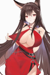 Rule 34 | 1girl, absurdres, akagi (azur lane), akagi (ruby-laced beauty) (azur lane), alternate costume, animal ears, azur lane, belt, black hair, breasts, cleavage, clothes pull, curryzcy, dress, dress pull, fox ears, fox girl, highres, large breasts, long hair, looking at viewer, o-ring dress, official alternate costume, open mouth, pulling own clothes, red dress, red eyes, simple background, white background