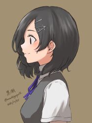 Rule 34 | 1girl, black hair, black vest, brown background, character name, commentary request, dated, dress shirt, green eyes, hair ornament, hairclip, highres, kantai collection, kuroshio (kancolle), one-hour drawing challenge, profile, school uniform, shirt, short hair, short sleeves, solo, twitter username, umibudou, upper body, vest, white shirt