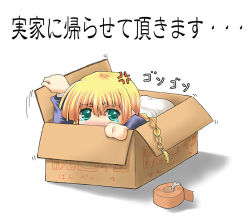 Rule 34 | 00s, 1girl, android, blonde hair, box, braid, cardboard box, green eyes, in box, in container, kumamoto umu, lowres, silfa (to heart), solo, tears, to heart (series), to heart 2, translation request