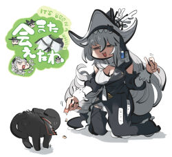 Rule 34 | arknights, black cat, black dress, black headwear, breasts, cat, ciao churu, cleavage, crossover, dress, gladiia (arknights), grey hair, irene (arknights), large breasts, long hair, luo xiaohei, open mouth, pants, pet food, pointy hat, simple background, skadi (arknights), smile, specter (arknights), specter the unchained (arknights), luo xiaohei zhanji, tirarizun, translation request, white background, white pants