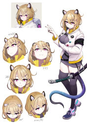Rule 34 | 1girl, animal ear fluff, arknights, black nails, black thighhighs, blue tail, brown hair, expressions, fang, full body, highres, jacket, kamameshi gougoumaru, looking at viewer, mdtgar(user ywde2737), multiple views, open clothes, open jacket, purple eyes, short hair, skin fang, thighhighs, utage (arknights), v, white background