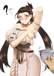 Rule 34 | 1girl, ?, absurdres, areola slip, arm behind head, arm up, armpits, bad id, bad pixiv id, bare shoulders, blush, body markings, breasts, brown eyes, brown hair, cup, dress, facial mark, fate/grand order, fate (series), forehead, forehead mark, highres, himiko (fate), large breasts, long hair, looking at viewer, magatama, magatama necklace, necklace, no bra, out of frame, ryopie, sash, side slit, sideboob, solo focus, sweat, thighs, topknot, towel, twintails, white dress, wiping sweat