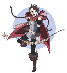 Rule 34 | 1girl, ahoge, alternate costume, arrow (projectile), black pantyhose, blue eyes, bow, bow (weapon), braid, breasts, brown hair, cleavage, closed eyes, dress, fingerless gloves, fire emblem, fire emblem fates, gloves, hairband, highres, holding, holding arrow, holding bow (weapon), holding weapon, huge bow, knife, long hair, low twin braids, low twintails, medium breasts, microdress, nina (fire emblem), nintendo, official alternate costume, pantyhose, parted bangs, red bow, rescuedrop, solo, twin braids, twintails, upper body, weapon