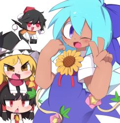 Rule 34 | &gt;:d, :3, :d, :o, bad id, bad twitter id, black hair, blonde hair, blouse, blue dress, blue eyes, blue hair, braid, camera, chibi, cirno, detached sleeves, dress, fang, flower, g perarikku, hair ribbon, hakurei reimu, hat, hidden star in four seasons, jitome, kirisame marisa, nontraditional miko, one eye closed, open mouth, pom pom (clothes), red eyes, red ribbon, ribbon, scarf, shameimaru aya, shirt, single braid, smile, sunflower, surprised, tan, tanned cirno, thick eyebrows, touhou, triangle mouth, tsurime, v, v-shaped eyebrows, white shirt, wings, witch hat, yellow eyes
